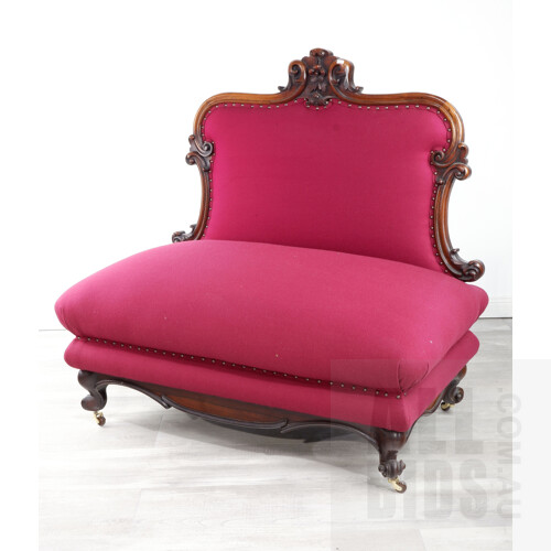 Good Victorian Mahogany Lounge with Vibrant Crimson Fabric Upholstery, Circa 1880, First of Two