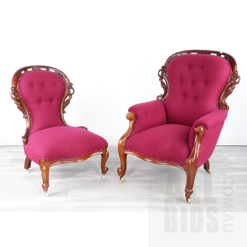 Good Victorian Mahogany Armchair with Matched Salon Chair, Both with Vibrant Crimson Fabric Upholstery, Circa 1880
