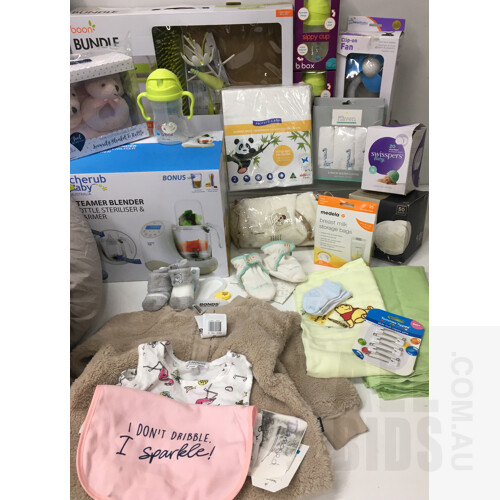 Assorted Baby Accessory's Include Boon bundle, Cherub Baby, Baby love, Pampers, Tommee Tippee, Swisspers, Bamboo Jersey, Living Textiles, Little Haven And More - Lot Of 25