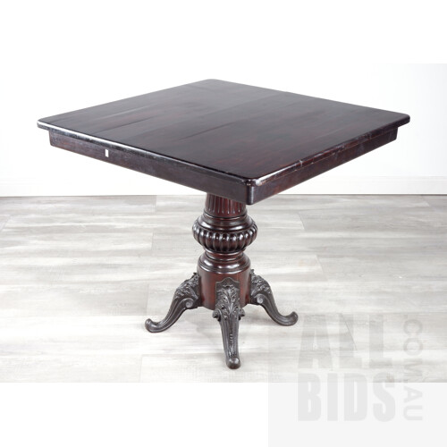 Rare Antique American Philip Strobel & Sons Mahogany Table on Profusely Carved Column with Four Cast Iron Scroll Feet, Late 19th Century