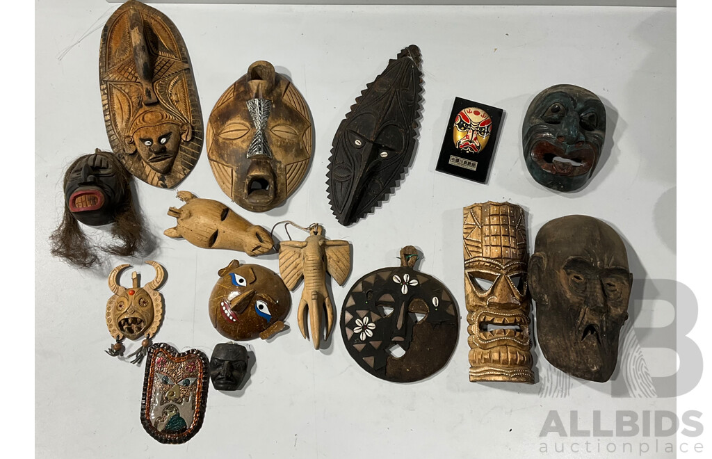 Collection Wooden Display Masks Including Japanese, PNG, Maori, African Examples and More