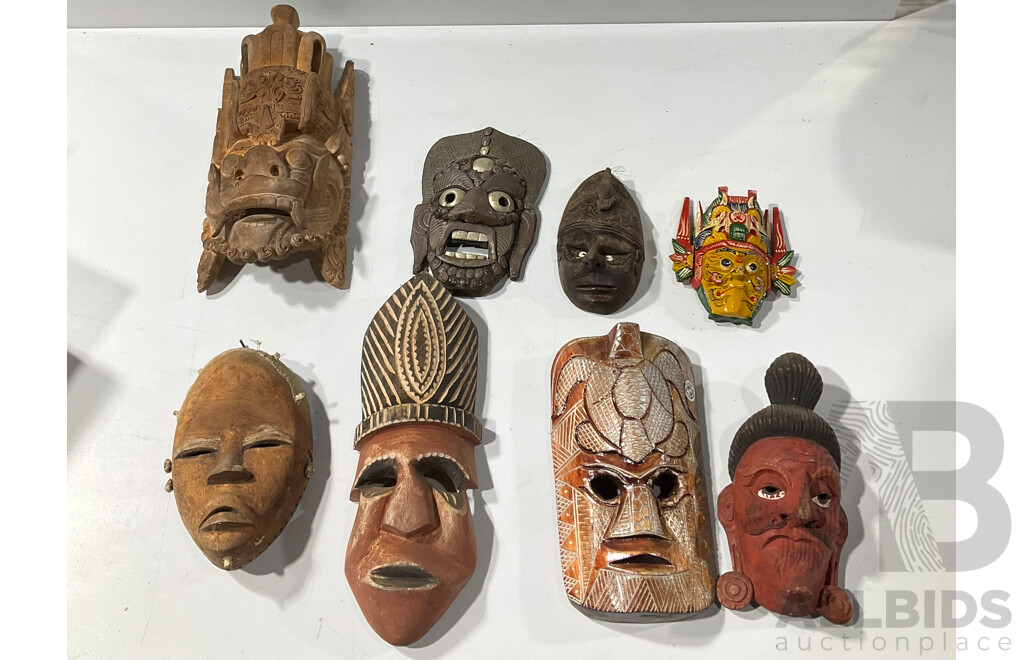 Collection Wooden Display Masks Including Japanese, Oceanic,  Balinese, African Examples and More
