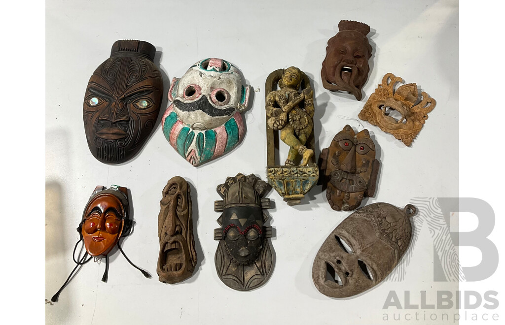 Collection Wooden Display Masks Including Japanese, Maori, Balinese, African, Chinese Examples and More