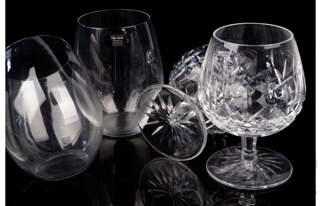 Pair Waterford Crystal Brandy Balloons Along with Four Reidel Crystal Glasses