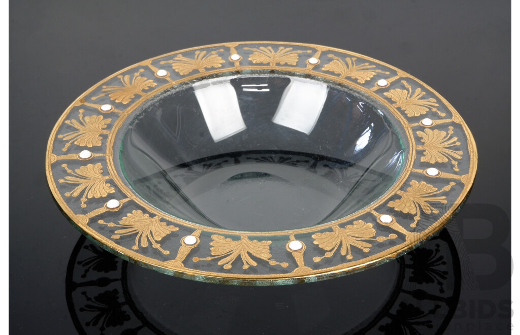 Studio Art Glass Bowl with Gilt Decoration and White Enamel Detail, Attributed Peter Crisp