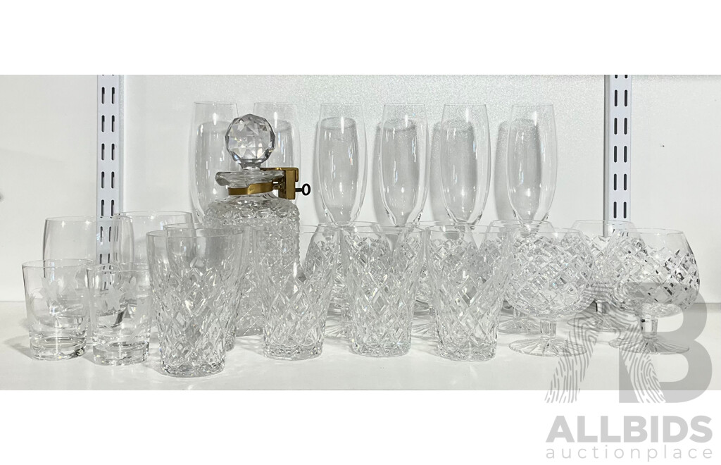 Collection Quality Crystal and Glass Stem Ware Along with Cut Glass Decanter with Brass Lock to Top