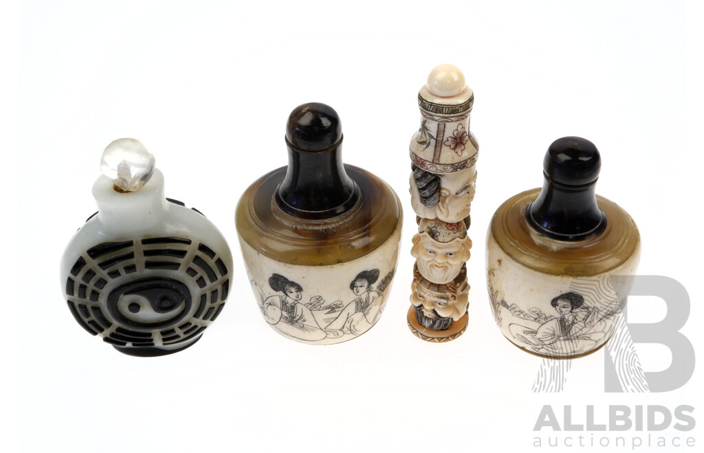Collection Four Asian Snuff Bottles Including Thin Japanese Ivory Example, Pair Horn and Bone Pieces and Triagram Decorated Piece