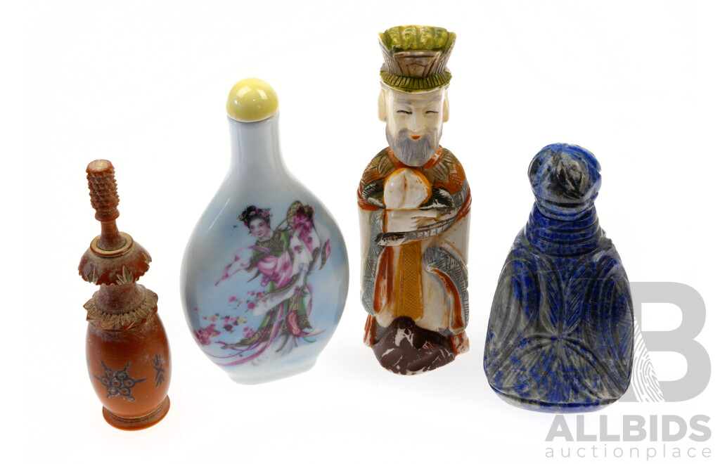 Collection Four Asian Snuff Bottles Including Thin Ivory Emperor Example, Lapis Lazuli Piece, Porcelain Piece and More
