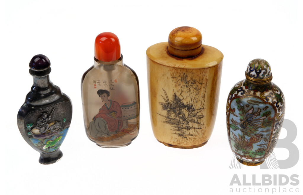 Collection Four Asian Snuff Bottles Comprising Chinese Reverse Painted Glass Example, Bone Example with Incised Scene, Fine Cloisonne Piece & Silver Enameled Example