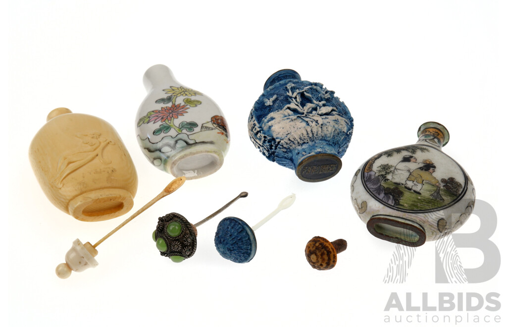 Collection Four Asian Snuff Bottles Comprising Ivory Example with Risque Reclining Nude, Resin and Porcelain Examples