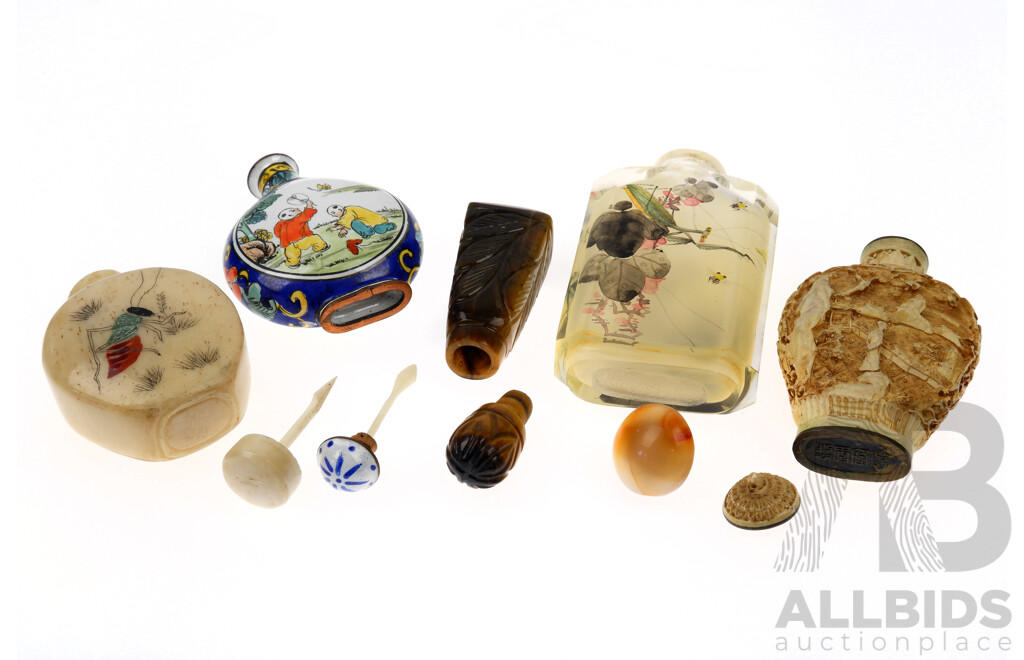 Collection Five Asian Snuff Bottles Comprising Bone Example, Tigers Eye, Reverse Painted Glass, Resin and Porcelain Examples