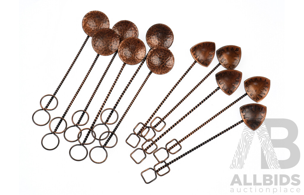 Set Six Funky Hand Made Copper Teaspoons Along with Set Five Hand Made Copper Triangular Bowl Examples