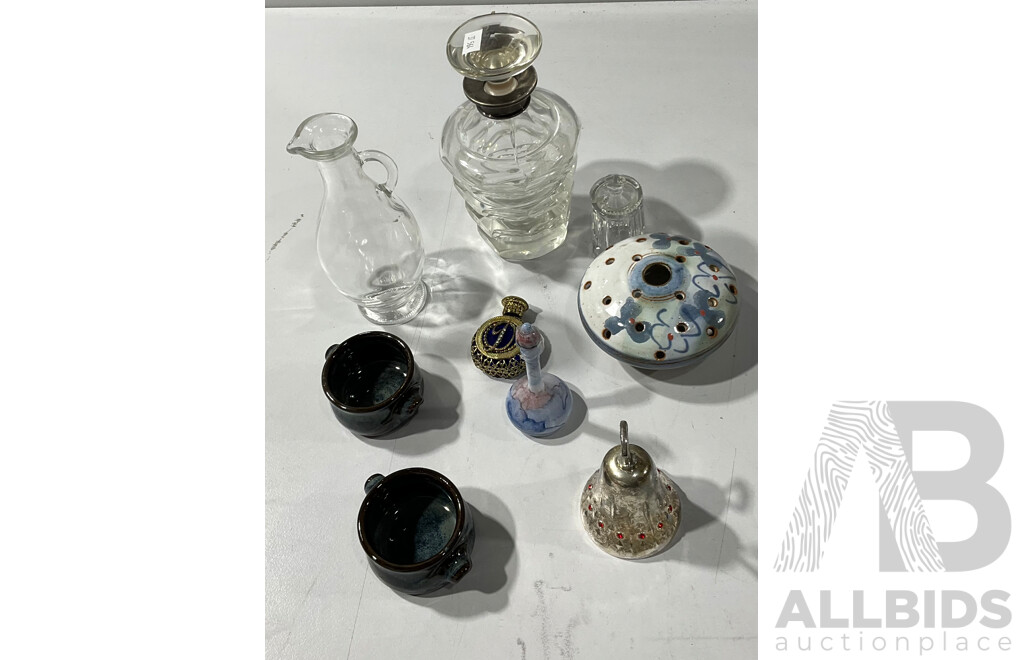Collection Vintage and Other Items Including Argentinian Decanter with Sterling Silver Collar, Waterford Silver Plkate Christmas Bell and More