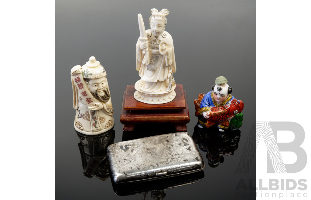 Collection Asian Pieces Including Hand Carved Ivory Female Figure on Wooden Stand Carved Bone Snuff Bottle and More
