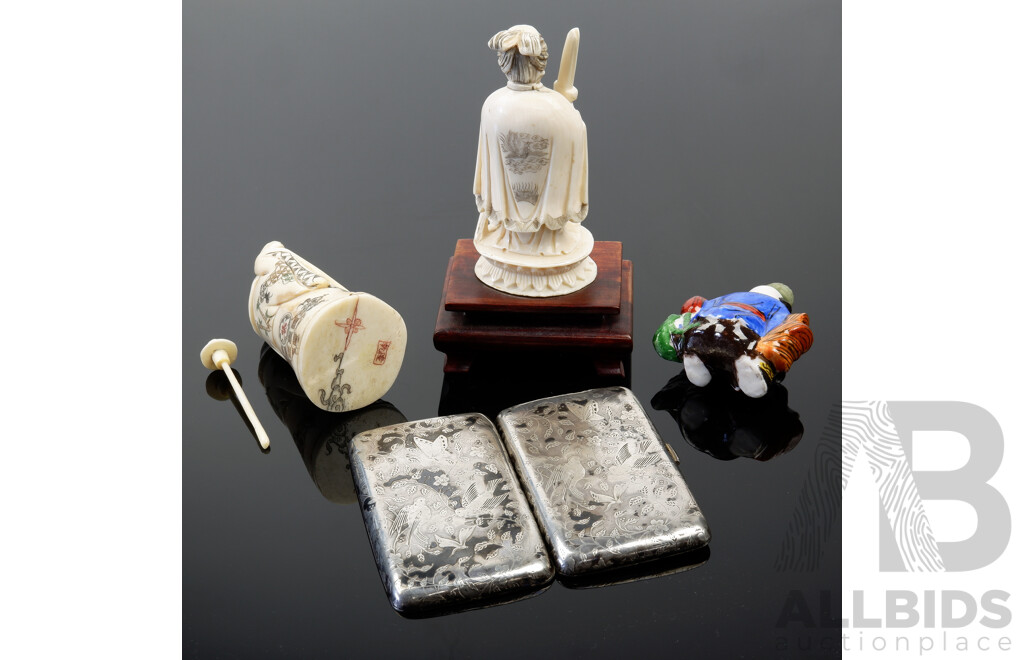 Collection Asian Pieces Including Hand Carved Ivory Female Figure on Wooden Stand Carved Bone Snuff Bottle and More