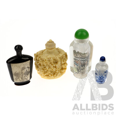 Collection Four Asian Snuff Bottles Including Chinese Reverse Painted Glass Example, Horn with Bone Panel Piece, Porcelain & Carved Resin Examples