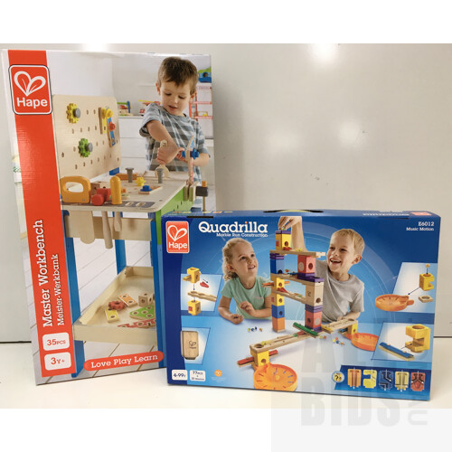 Assorted Hape Toys Include Master Work Bench E3000 And Quadrilla Castle Escape E6012 -ORP $289.94 - Lot Of Two