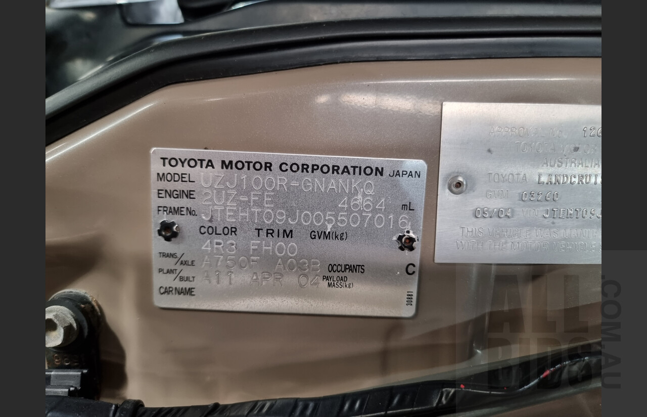 5/2004 Toyota Landcruiser GXL (4x4) UZJ100R 4d Wagon Gold 4.7L V8
