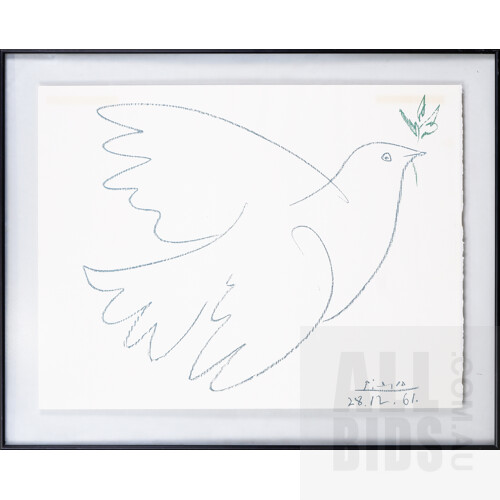 Pablo Picasso (1881-1973, Spanish), The Dove of Peace, Early French Colour Lithograph on Arches Paper, 49 x 64.5 cm (sheet). Mounted between Glass.