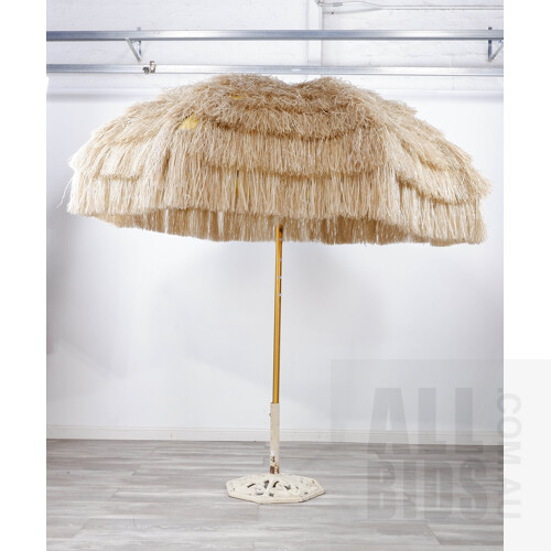 Retro Shelta Balinese Style Faux Grass Adjustable Umbrella with Vintage Rustic Cast Metal Umbrella Stand