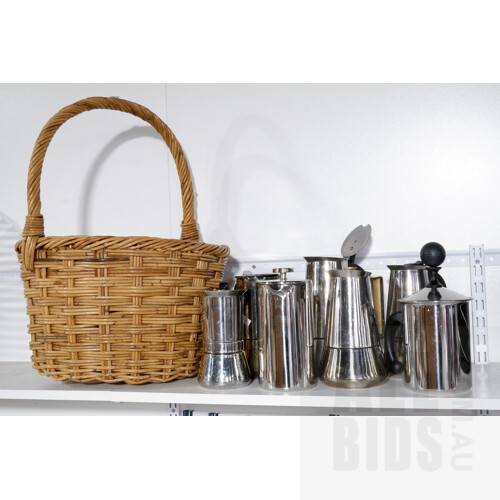 Collection Seven Coffee Percolators Including Vev Vigano and More in Woven Cane  Basket