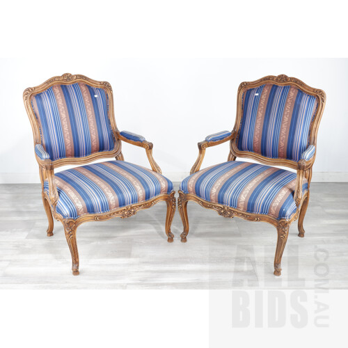 Pair of Good Louis Style Armchairs of Large Preportions with Nice Striped Upholstery