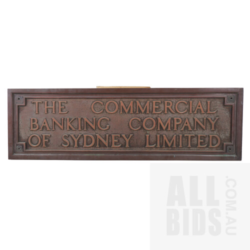 Large Heavy Copper 'The Commercial Banking Company of Sydney Limited' Sign with Individually Cast and Set Letters, Early to Mid 20th Century