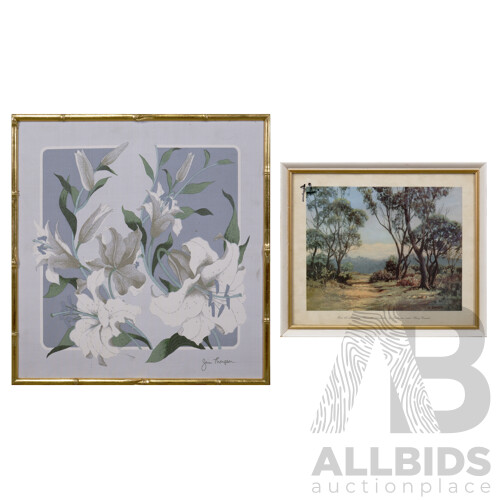 Jim Thompson Silk Scarf Framed in Gold Painted Bamboo-Style Moulded Frame, 42 x 42 cm together with Framed Harry Emmett Print (2)
