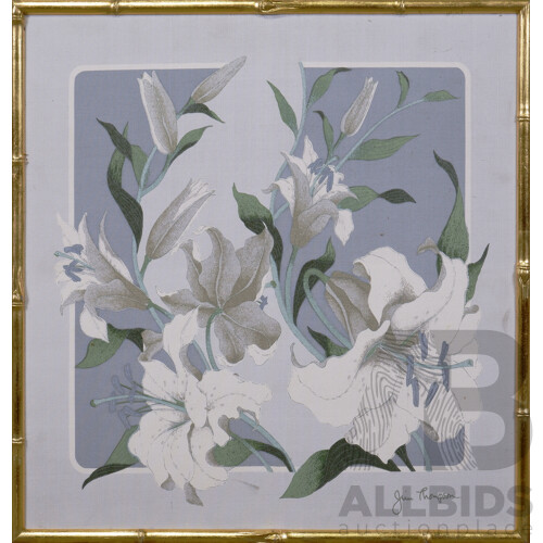 Jim Thompson Silk Scarf Framed in Gold Painted Bamboo-Style Moulded Frame, 42 x 42 cm together with Framed Harry Emmett Print (2)