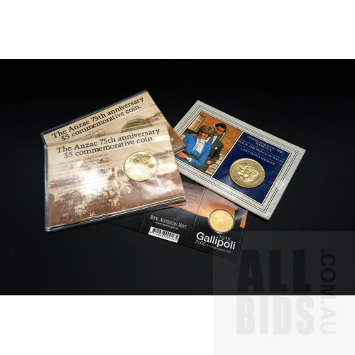 Two ANZAC 75th Anniversary $5 Coins, 1981 Royal Marriage Crown and 2015 $1 Gallipoli Uncirculated Coin