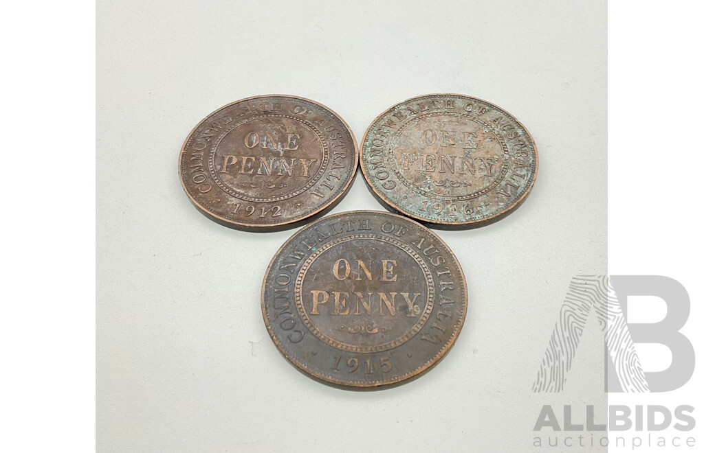 Three Australian Pennies 1912, 1915, 1916