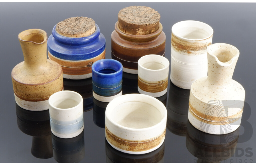 Collection Nine Retro Derek Smith Australian Studio Pottery Pieces Including Two Cannisters with Cork Lids, Two Pitchers and More
