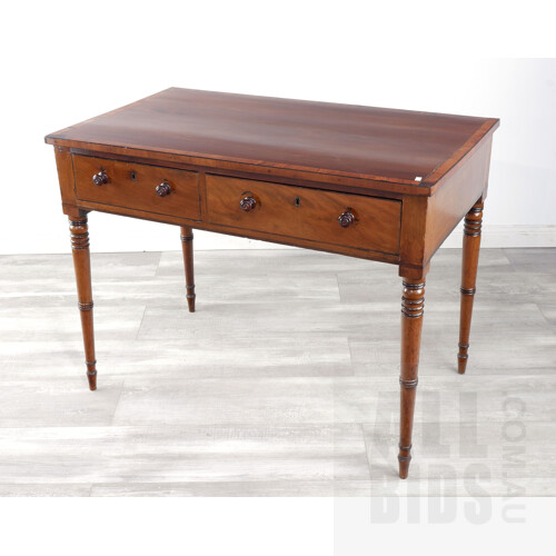 Early Victorian Mahogany and Ebony Strung Two Drawer Writing Table, Mid 19th Century