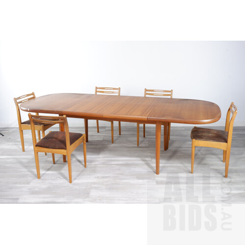 Retro Chiswell Teak Extension Dining Table with Four Brown Fabric Upholstered Chairs