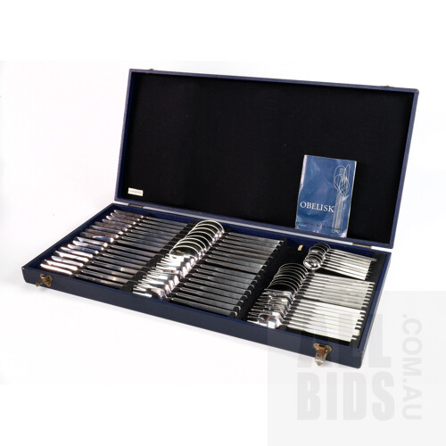 Vintage Boxed Fifty Six Piece Obelisk Cutlery Set by Erik Herlow for Universal Steel Company, Retailed by Georg Jensen