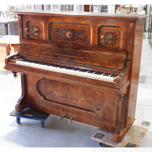 Ronisch Walnut Upright Piano with Ornate Brass Candle Sconces