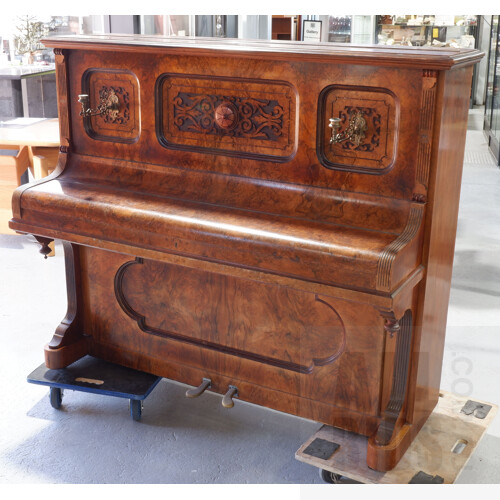 Ronisch Walnut Upright Piano with Ornate Brass Candle Sconces