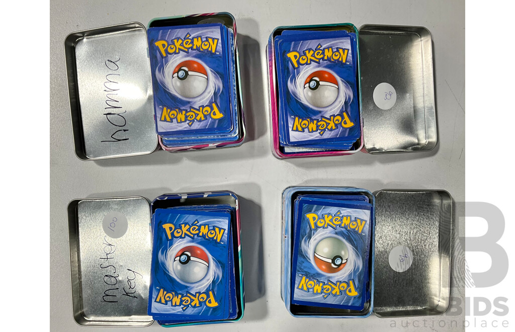 Collection of 2016 and 2017 Pokemon Trading Cards, Trainer, Basic, Stage One, Two and Mega in Collector Tins - Approximately 370 Cards