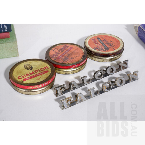 Pair of Vintage Ford Falcon Badges with Three Vintage Tobacco Tins