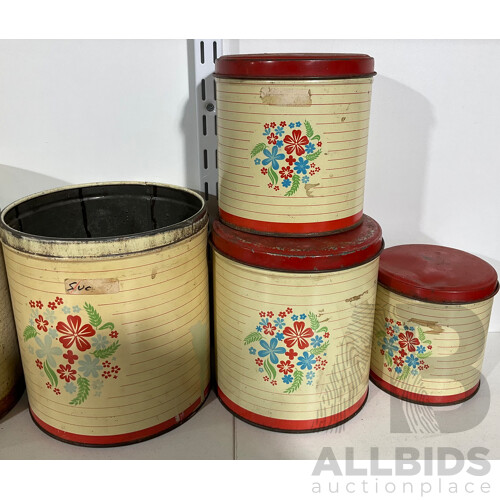 Collection of Five Vintage Decorative Tins - Two Without Lids, and an Old Tin Full of Toy Cowboys and Indians