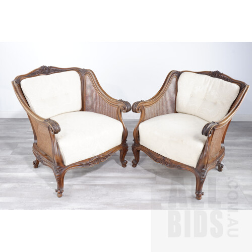 Pair of Early 20th Century European Cane Armchairs with Buttoned Floral Brocade Upholstery