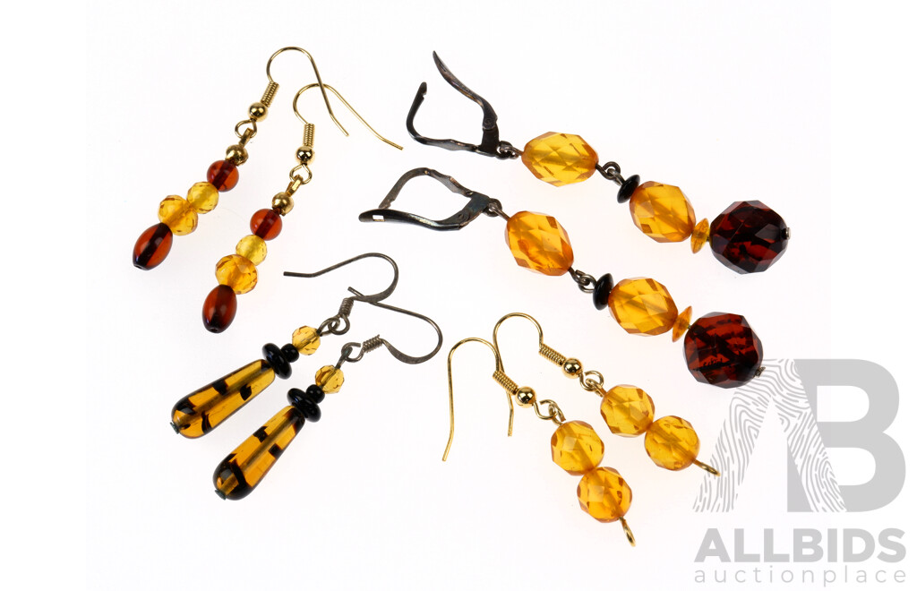 Four Pairs of Vintage Amber and Faux Amber Earrings