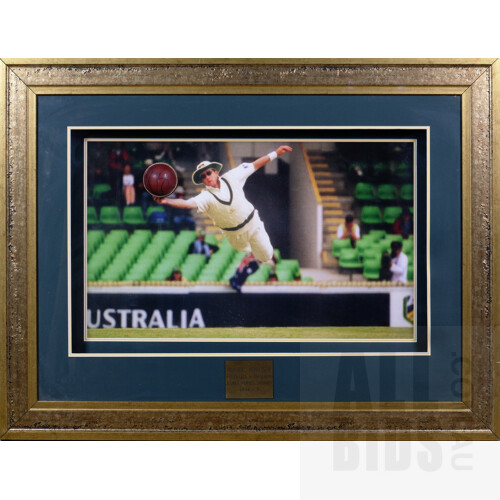 Framed, Mounted & Signed Cricket Ball Commemorating Mark Waugh's Iconic Diving Catch in Sydney – 94/95 Ashes	