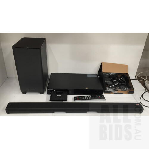 Samsung BD-P1500 Blu-Ray Disk Player And Cambridge TVB2 Soundbar And Wireless Subwoofer