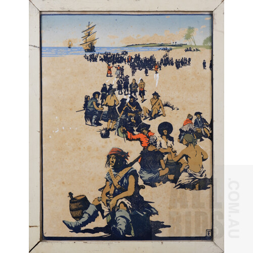 James Flett (1906-1986), Pirates, Woodblock, 41 x 30 cm, signed in plate