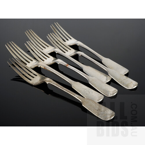 Six Victorian Sterling Silver Entree Forks, Exeter, John Stone, 1839 and 1850, 299g