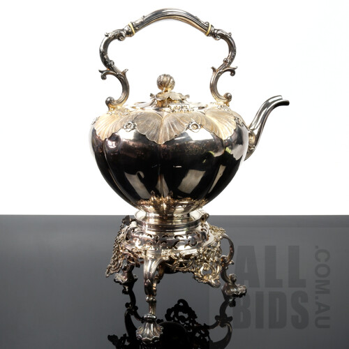 Victorian William Hutton & Son Heavily Repousse Silver Plated Spirit Kettle with Pumpkin and Vine Finial