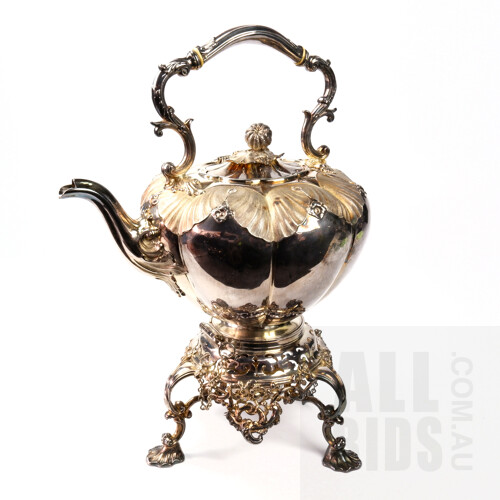 Victorian William Hutton & Son Heavily Repousse Silver Plated Spirit Kettle with Pumpkin and Vine Finial