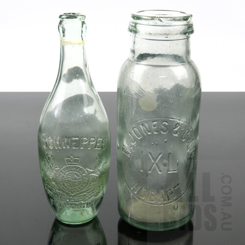 Antique Schweppes Torpedo Shaped Green Glass Bottle with H Jones & Co Hobart Jar