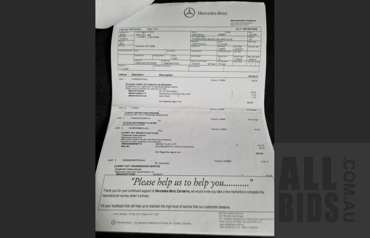 9/2007 Mercedes-Benz CLS 63 AMG 219 4d Coupe Silver 6.2L V8